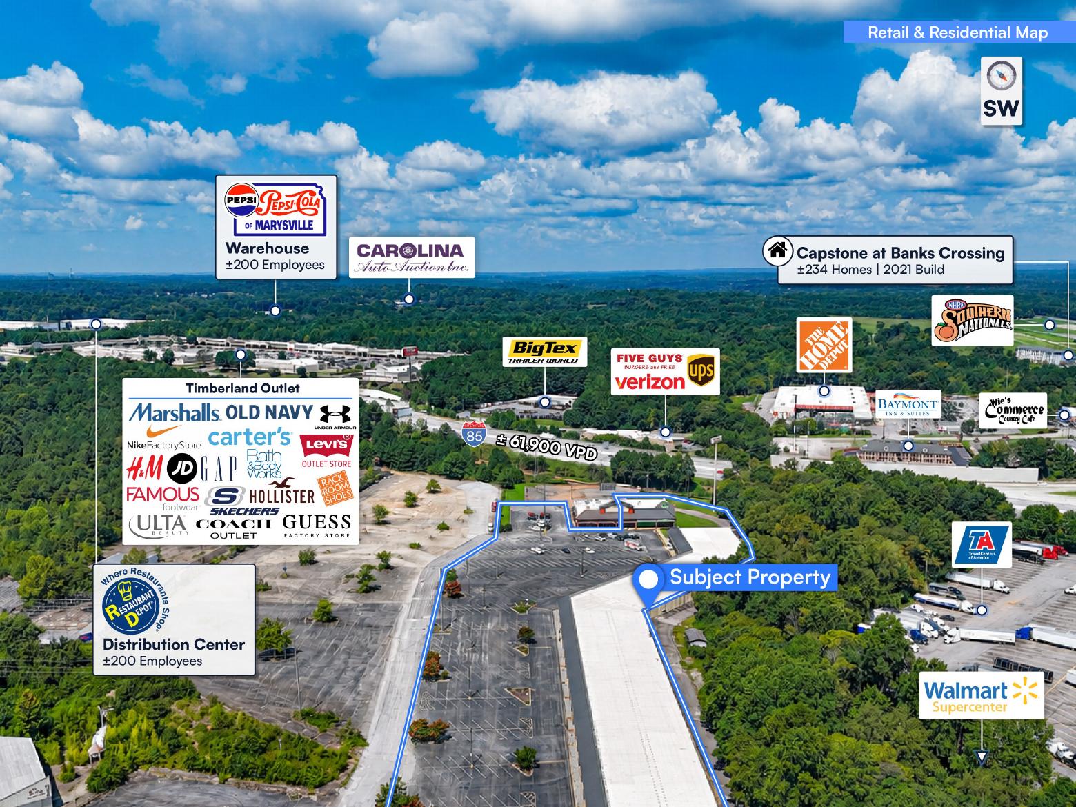 Second retail and residential aerial map of the Commerce, GA trade area with nearby national retailers and Hwy 441