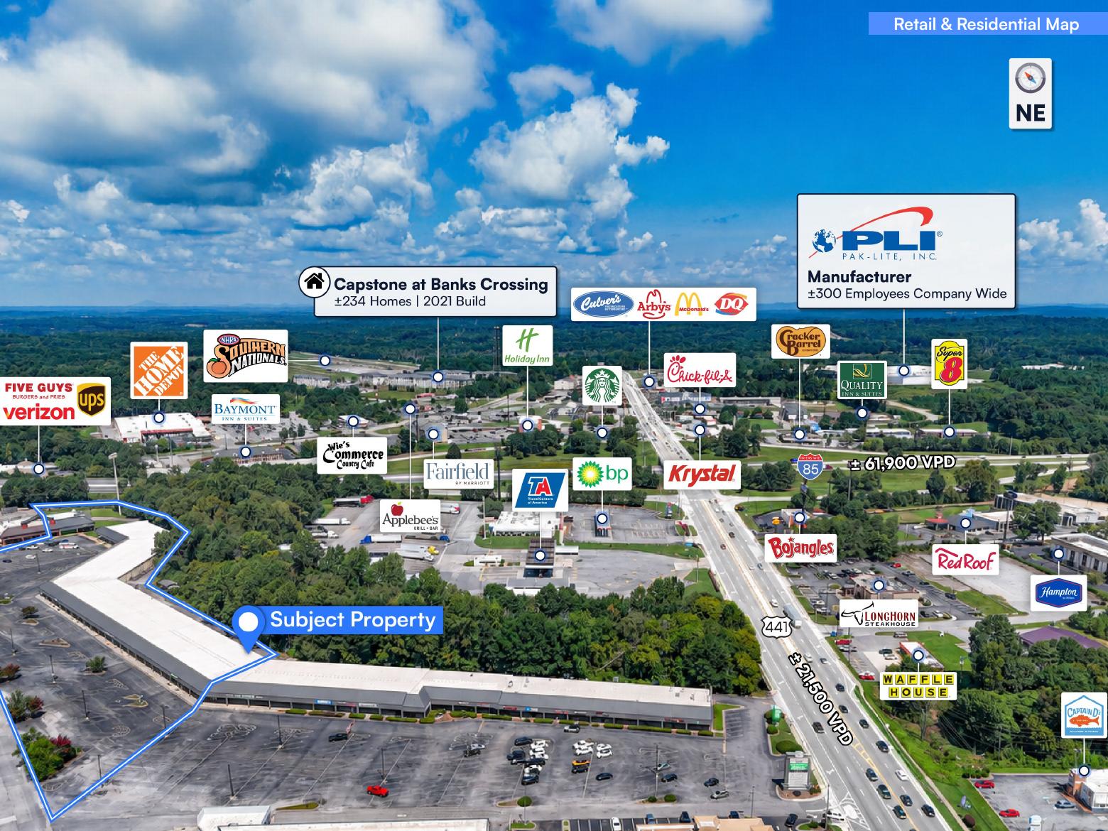 Retail and residential aerial map surrounding 401 Pottery Factory Drive, Commerce, GA including the Tanger Outlets and I-85